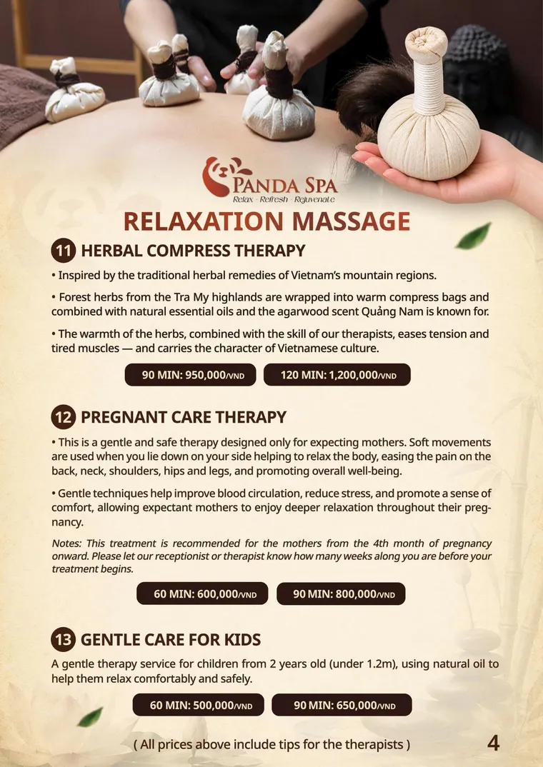 Panda Spa menu — Massage thư giãn · 11–13