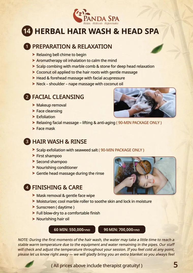 Panda Spa menu — Gội đầu dưỡng sinh · 14