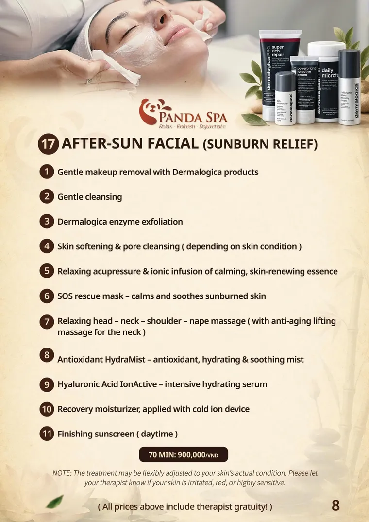 Panda Spa menu — Da cháy nắng · 17