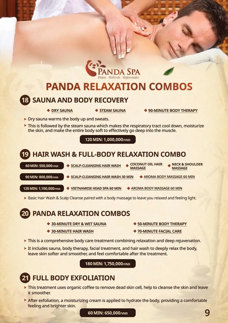 Panda Spa menu — Combo · 18–21