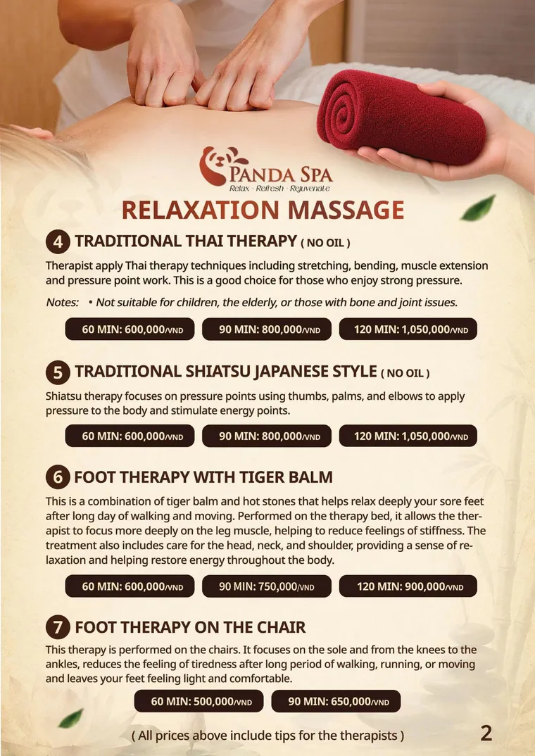 Panda Spa menu — Massage thư giãn · 4–7