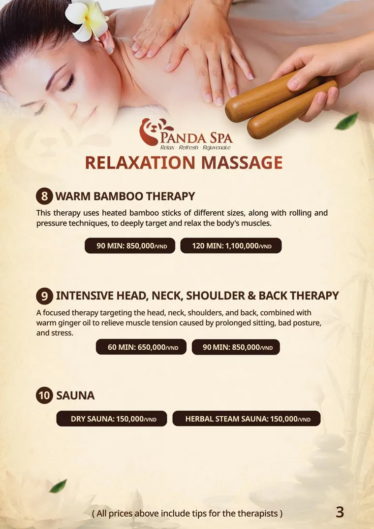 Panda Spa menu — Massage thư giãn · 8–10
