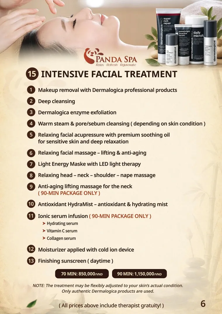 Panda Spa menu — Da mặt chuyên sâu · 15