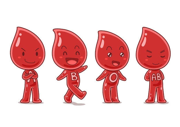 Set of blood types cartoon character in different poses
