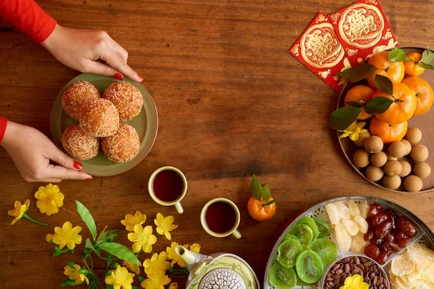 Free photo top view of cropped female hands serving dishes preparing for new year celebration