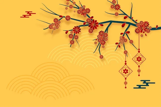 Free vector traditional chinese background with sakura tree and lantern decoration