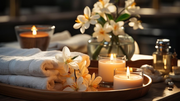 Spa setting with a lit candle fluffy towels and fragrant flowers promotes relaxation