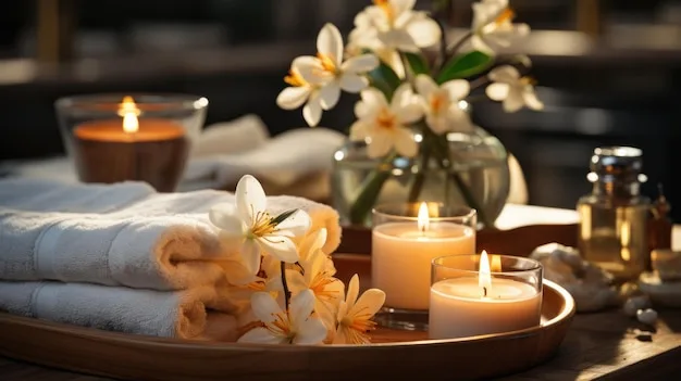 Spa setting with a lit candle fluffy towels and fragrant flowers promotes relaxation
